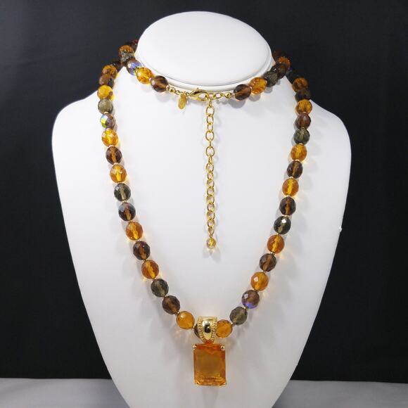 Joan Rivers Long Beaded Necklace Amber Crystal Pendant Gold Tone 38” Vintage - Picture 8 of 10